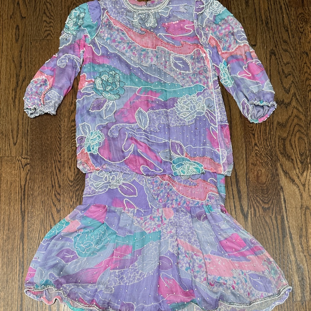 Vtg Judith Ann Creations Handmade Silk Floral Beaded Sequined Dress 1920’s